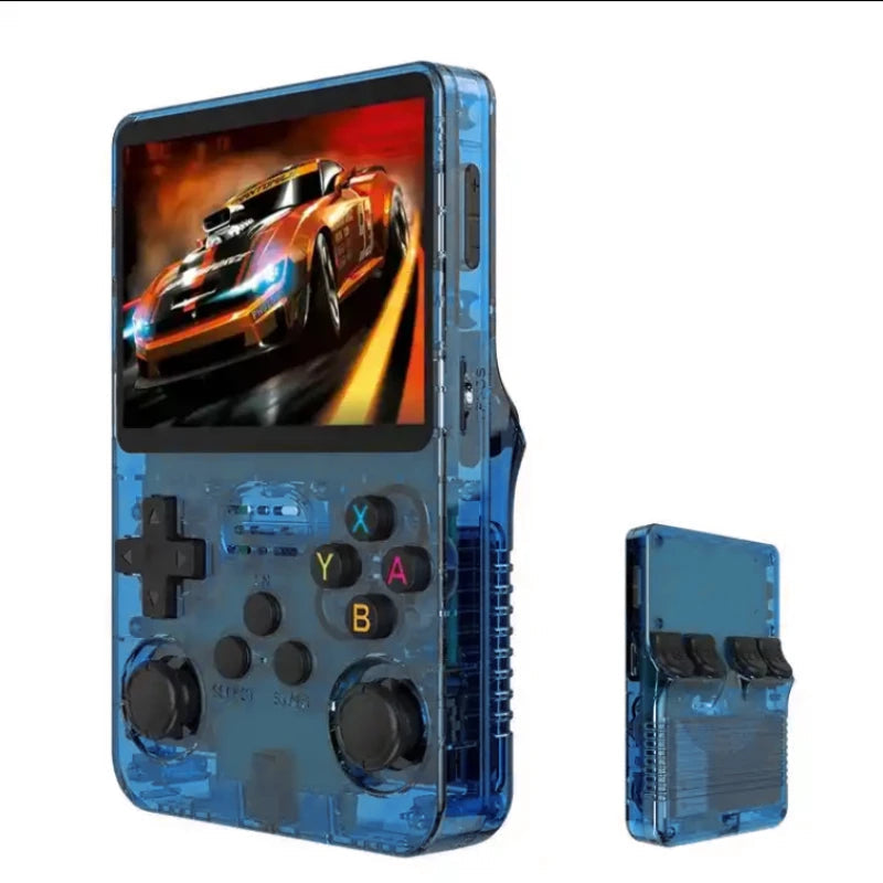 Blue handheld gaming console with screen displaying a racing game, on a white background.