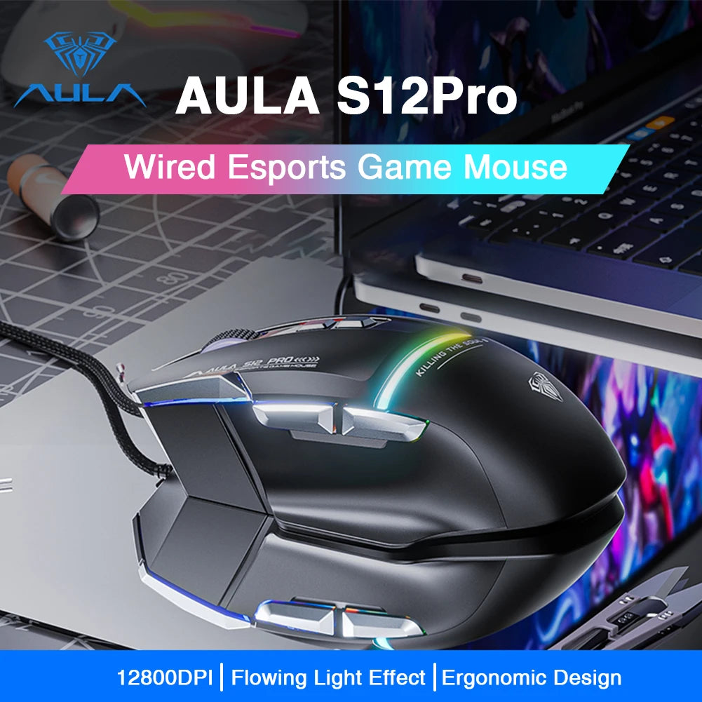 AULA S12Pro Gaming-Maus, 12800 DPI, 1000 Hz Return, kabelgebunden, 8 Tasten, Makro-Maus für E-Sport, ergonomisches Design, RGB-Hintergrundbeleuchtung