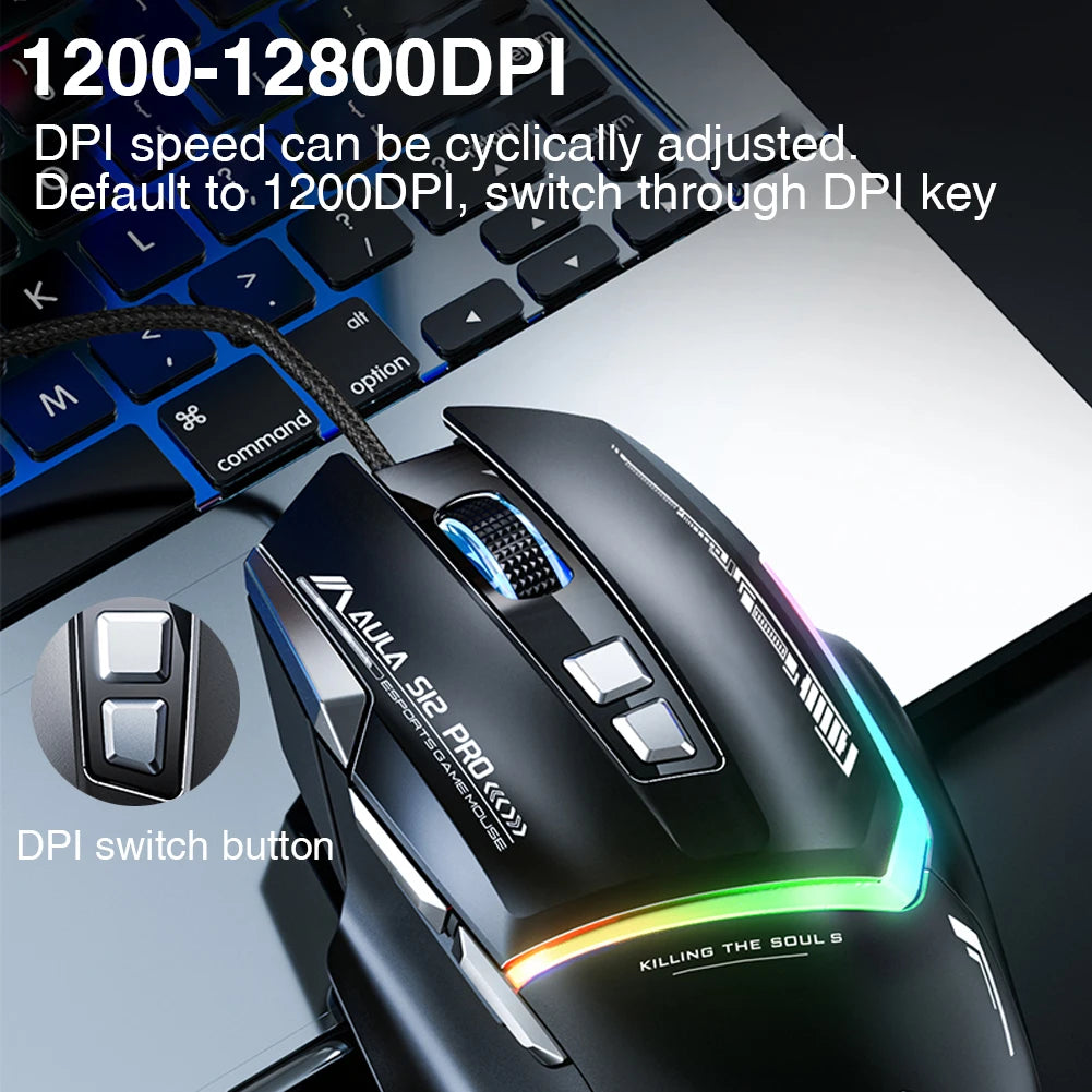 AULA S12Pro Gaming Mouse 12800DPI 1000Hz Return Wired 8 Buttons Macro Mouse for E-sports Ergonomic Design RGB Backlit
