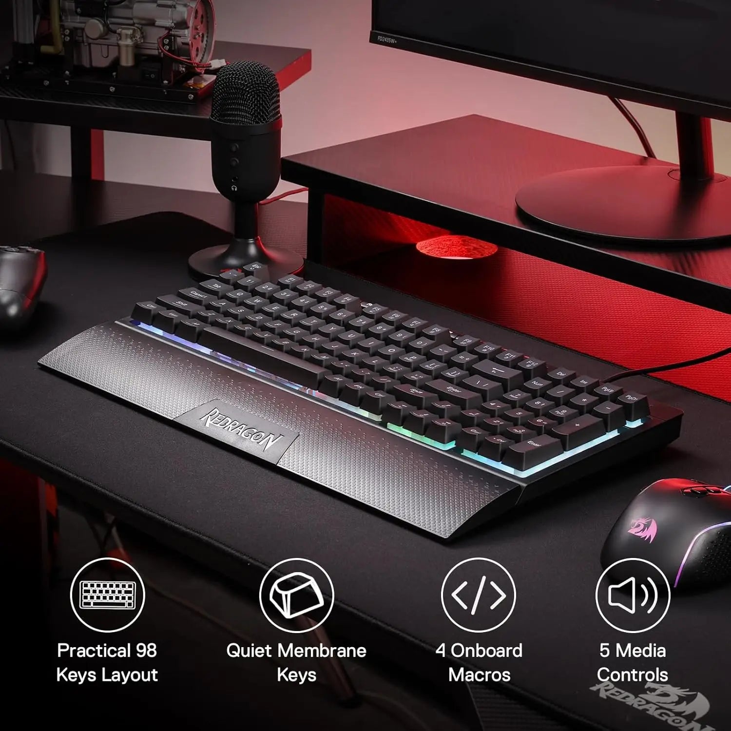 Redragon K515 Shiva RGB Membran Gaming 98 Tasten Mechanische Abnehmbare Handballenauflage Glatte Linearschalter-Tastatur