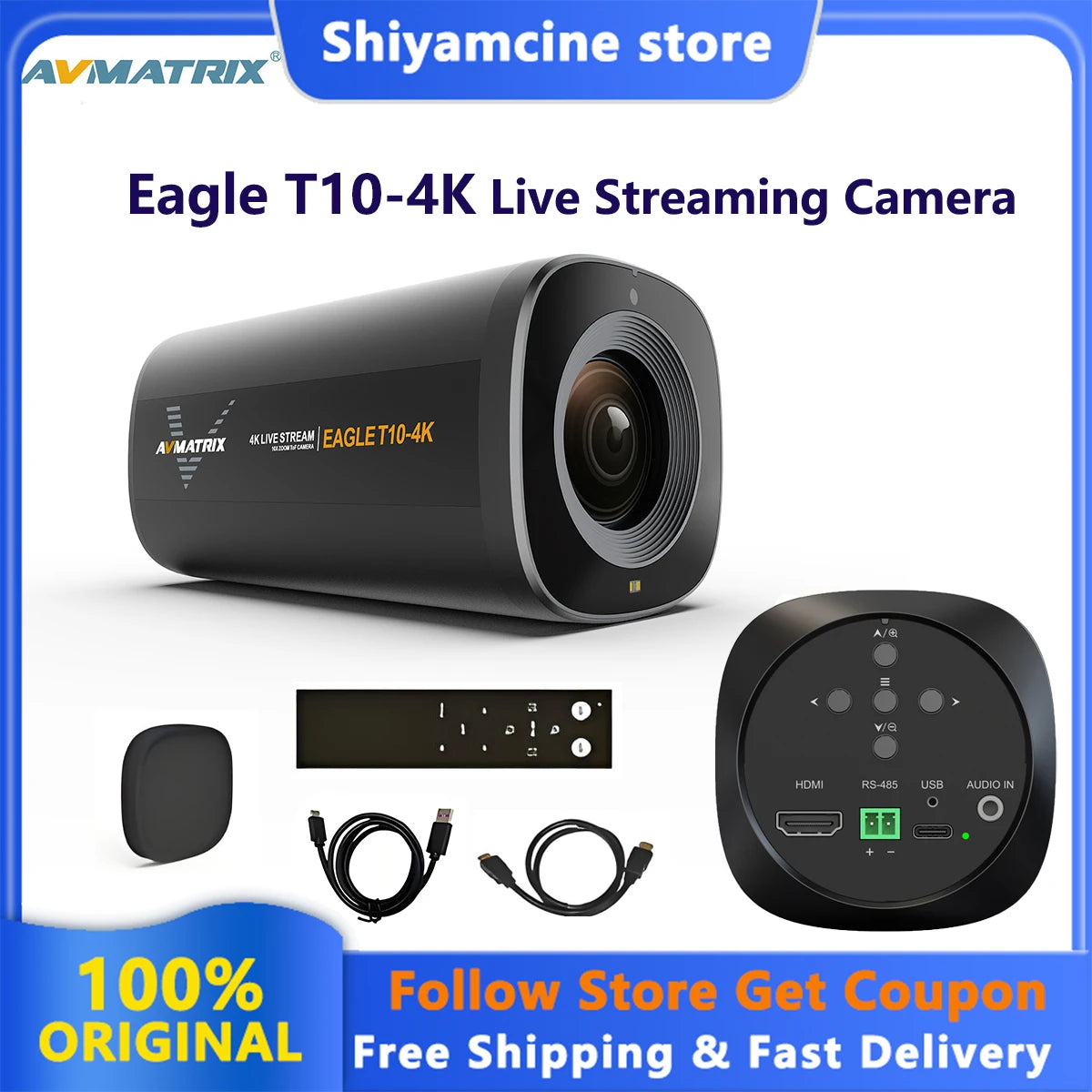AVMATRIX Eagle T10-4K Live Stream Camera With 10X Zoom Autofucos Lens Wide-angle Shots 1/2.8" 8M CMOS Sensor &IR Remote Control