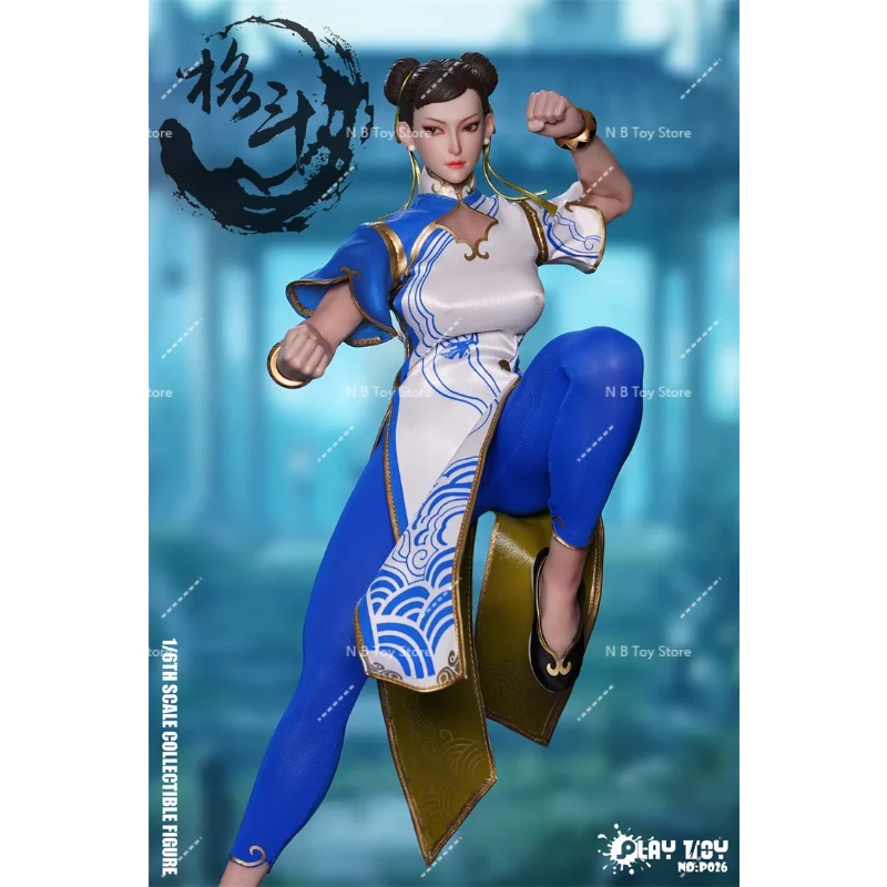 In Stock PLAY TOY P026 1/6 Chun-Li Movable Eyes Action Figure 12-inch Female Soldier Blue Cheongsam Figure Toy Collection Gift