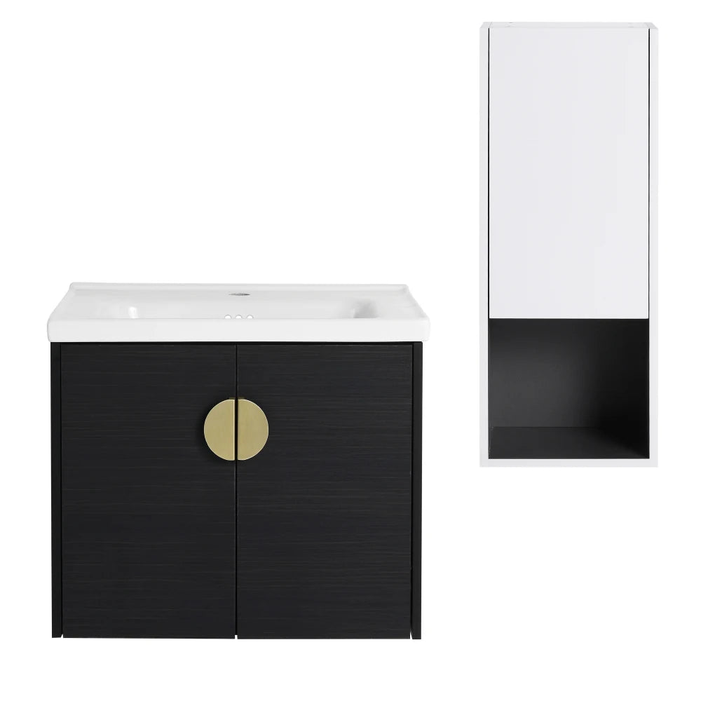 24" Wall-Mounted Bathroom Vanity With Ceramic Sink and Side Cabinet, Soft Close Doors, Combination Cabinet(KD-Packing)