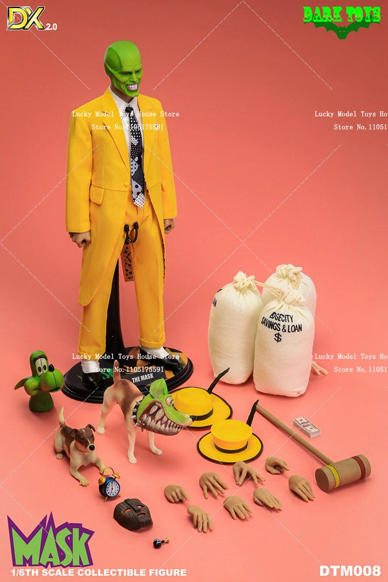 DARK TOYS DTM008 1/6 Green Head The Mask Jim Carrey Action Figure Collection Yellow Tuxedo Suit Cloth 12" Full Set Male Soldier