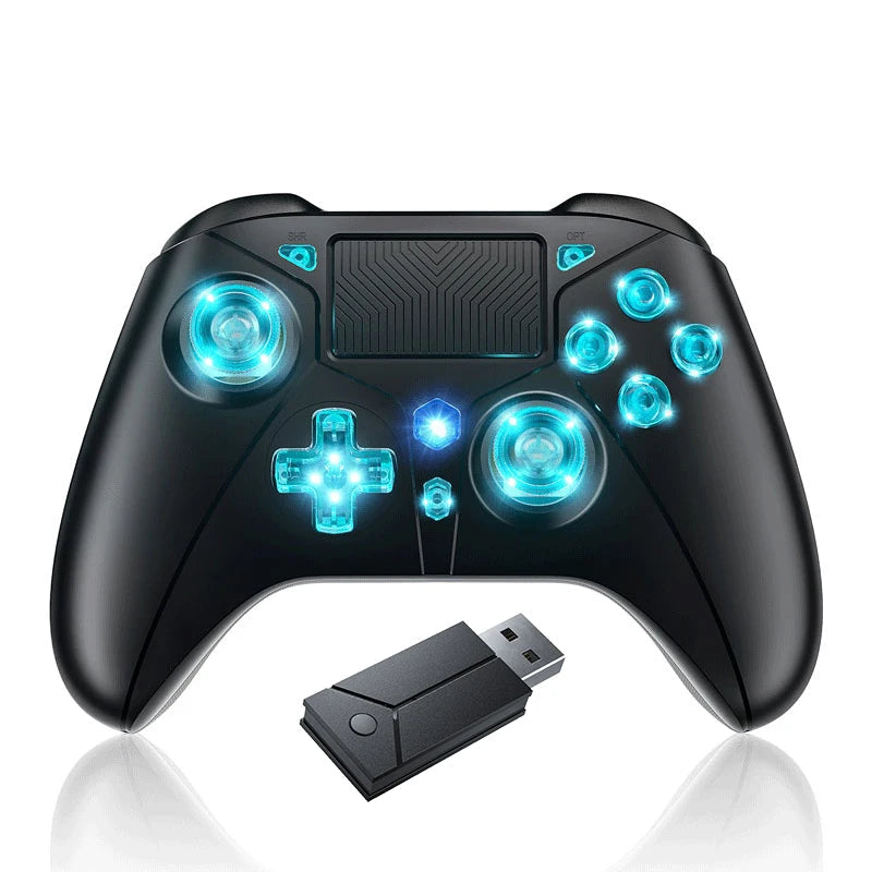 Black gaming controller with blue lights and USB adapter on a white background