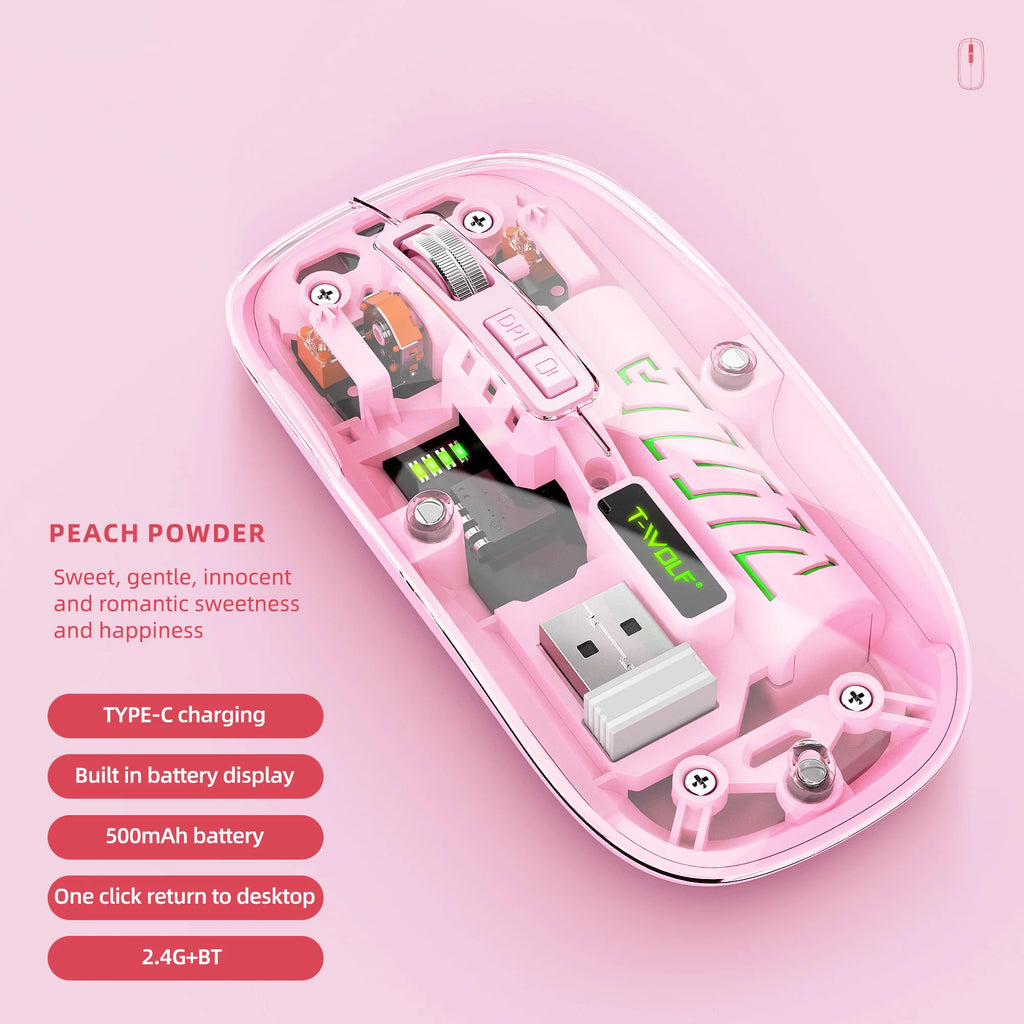 Transparent Wireless Mouse Dual Mode Bluetooth-compatible Rechargeable Mouse Noiseless Cordless Computer Mice Perspective Design