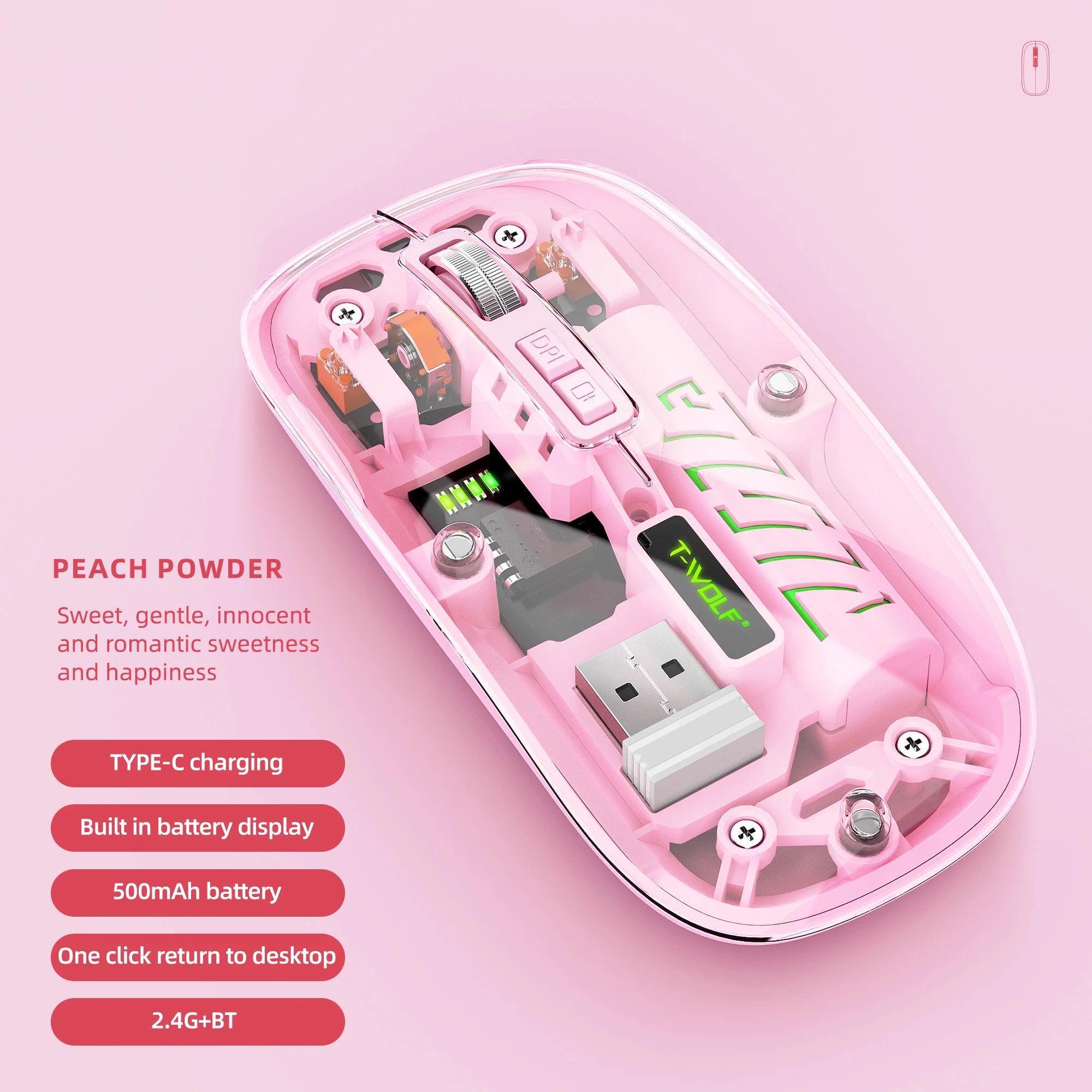 Transparent Wireless Mouse Dual Mode Bluetooth-compatible Rechargeable Mouse Noiseless Cordless Computer Mice Perspective Design