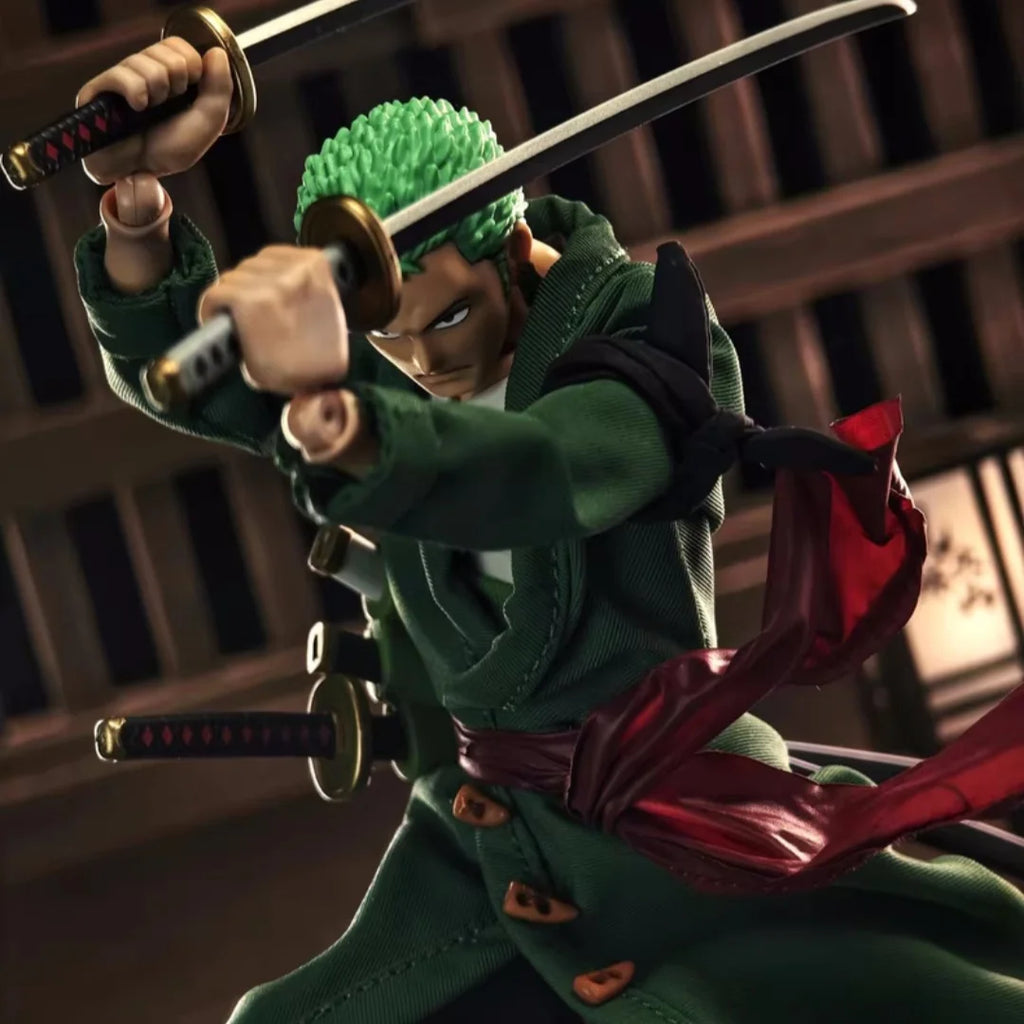 One Piece SHF Anime Handmade Zoro Tailored 4-piece set of clothes Sleeved Cloak Built In Iron Wire Is Suitable for 1/12 Toys
