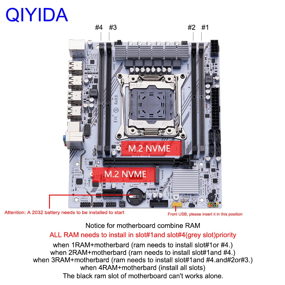 QIYIDA X99 Motherboard Set Kit Xeon LGA2011-3 E5 2680 V4 2x8gb = 16GB DDR4 SATA PCI 3,0 NVME M.2 X99H5 Gaming Computer