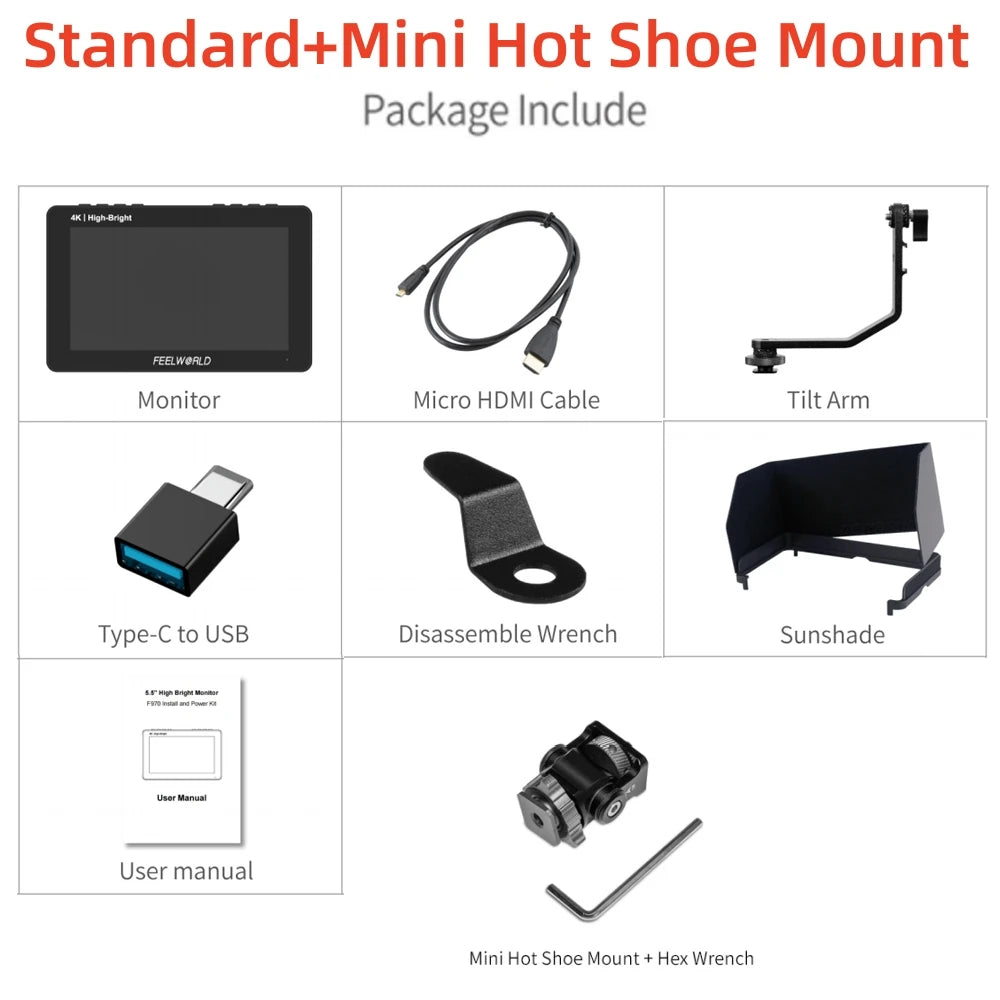 FEELWORLD F5 PROX 5,5 Zoll 1600nit High Bright Touchscreen DSLR-Kamera-Feldmonitor 4K HDMI F970 Installations- und Stromversorgungskit