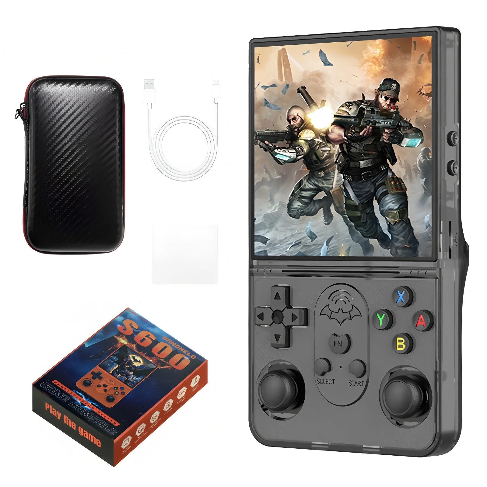 Handheld gaming console with accessories including a protective case, charging cable, and film, displayed on a white background.