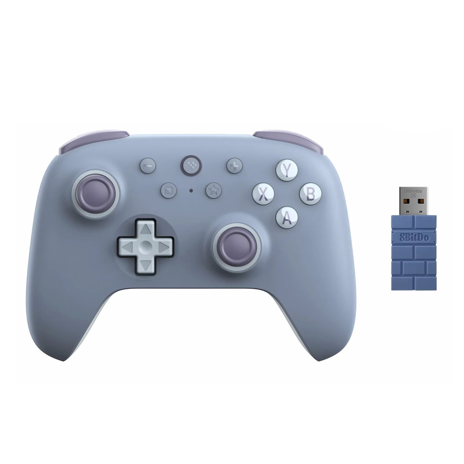 Gray gaming controller with wireless USB receiver on a white background