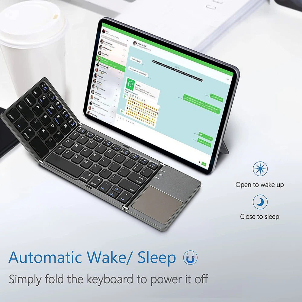Neue tragbare Mini-Bluetooth-Tastatur mit dreifachem Klappmechanismus, kabellos, faltbar, Touchpad-Tastatur für iOS, Android, Windows, iPad, Tablet