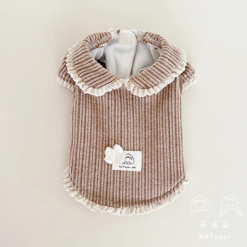 Autumn Winter Striped Lace Doll Collar Base Shirt Cute Corduroy Drawstring Vest Plush Bubble Sleeves Shoulder Strap Skirt Set