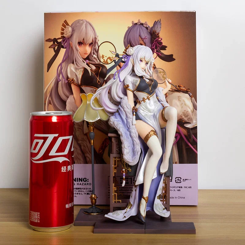 22cm Re:Zero Emilia and Rem Chinese Dress Figure Set - Elegant Qipao Anime Statue, Cute Collectible Model & Desktop Decor