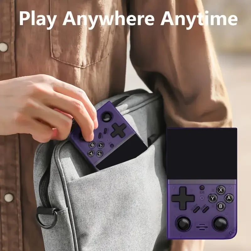 Retro handheld game console. 3.5-inch screen, portable pocket game console with headphone jack, USB charging.
