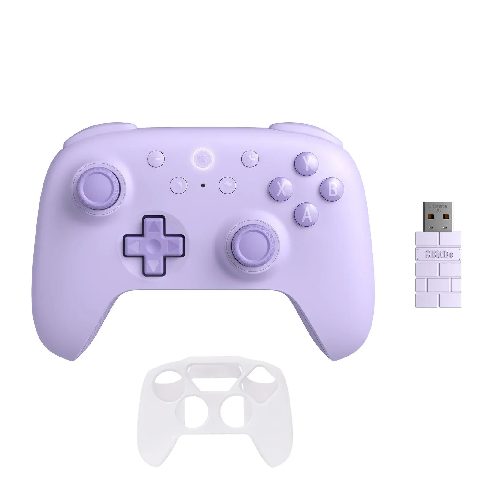 Purple gaming controller with USB receiver on a white background
