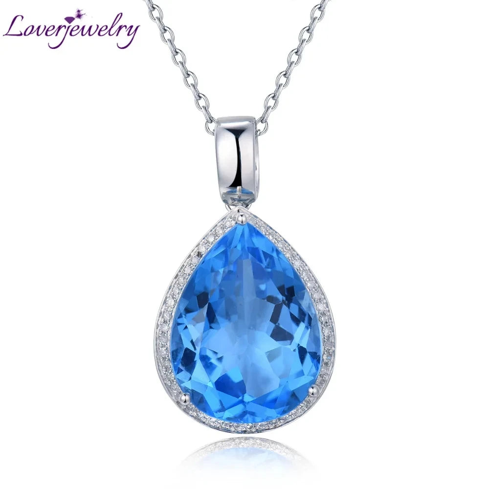 LOVERJEWELRY Висулка с круша 15x20 мм Истинско 14K бяло злато с диаманти и син топаз, висулки за жени, парти бижута без верижка