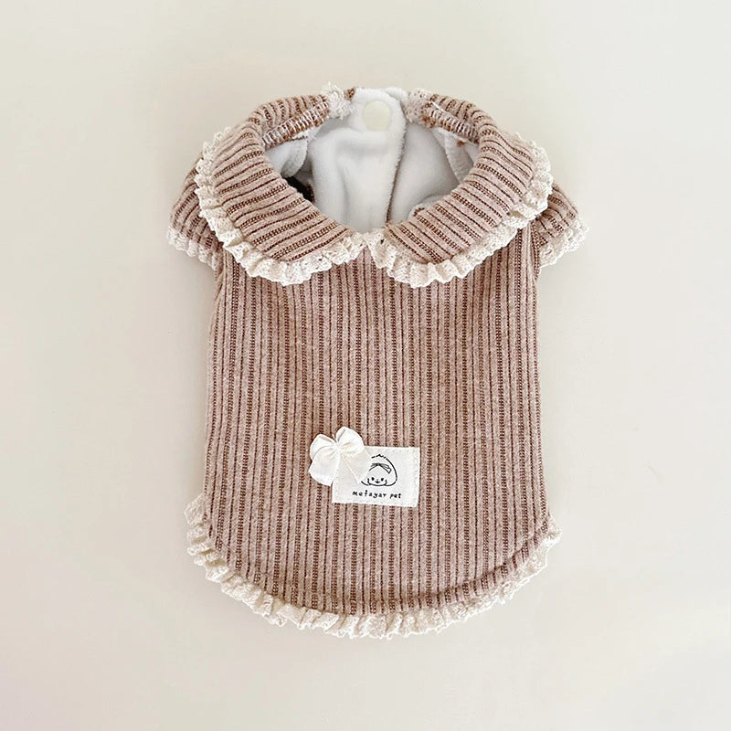 Gestreiftes Cord-Basishemd für Haustiere mit Herbst- und Winter-Samtkleidung, Puppenkragen, Bubble-Halbarm-Kapuzenpullover mit Spitze, Welpenkleidung