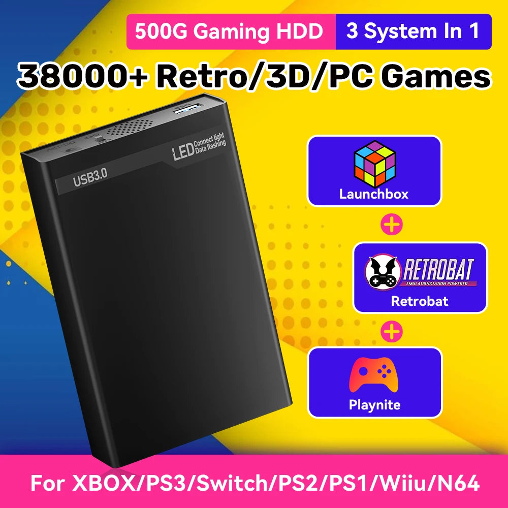 Mix500G Portable Game Hard Drive For N64/PS3/PS2/Switch/PS1/Xbox/DC External Gaming HDD With 38293 Retro Games For Win PC/Laptop
