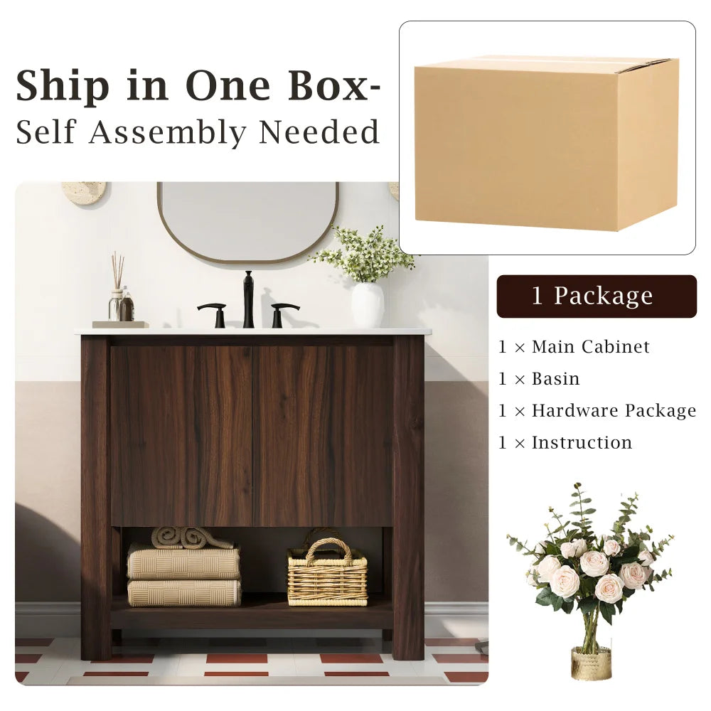 36" Modern Bathroom Vanity with Rectangle Ceramic Sink, Bathroom Cabinet with Large storage space and 45 Degrees Free-Handle