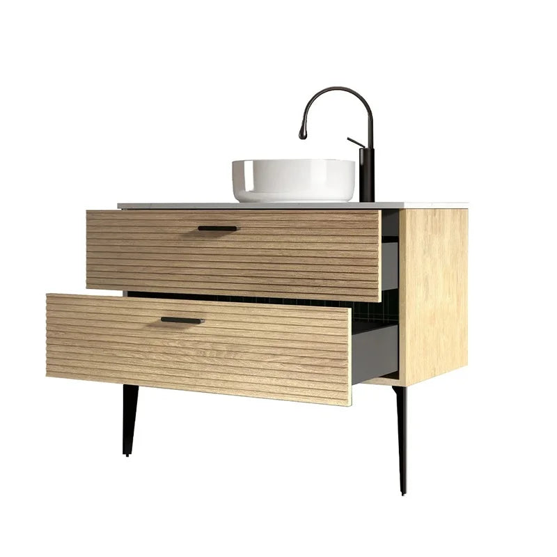 36" Striped Natural Oak Freestanding Bathroom Vanity with Ceramic Sink for Modern Spaces