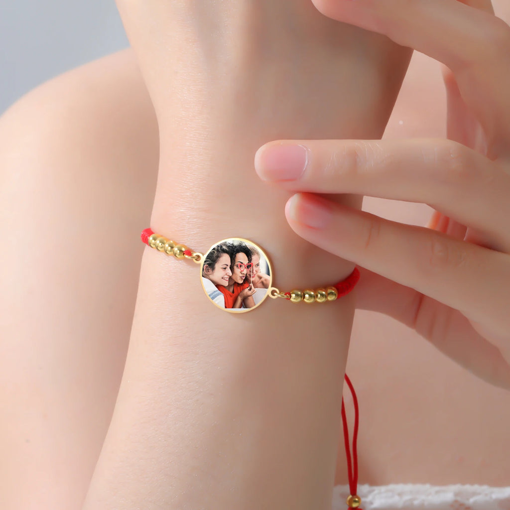 Lemegeton Personalisiertes Fotoarmband mit rotem und schwarzem Seil, runder Anhänger, Edelstahlschmuck für Damen und Herren, personalisierte Trendgeschenke