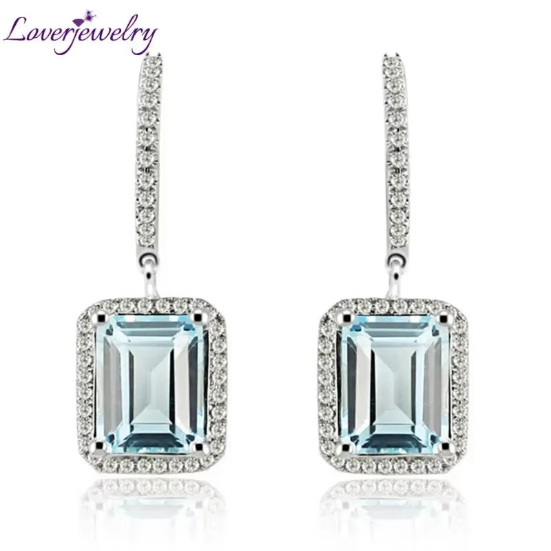 LOVERJEWELRY Дамски висящи обеци с изумруден шлиф 7x9 мм, камък чисто 14K бяло злато, диамант, топаз, годежни обеци, бижута за жени
