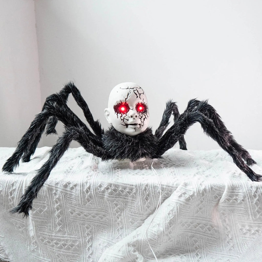 Halloween Animatronic Doll Face Spider Motion Activated Glowing Eyes Sound Control Scary Walking Toy Haunted House Prop