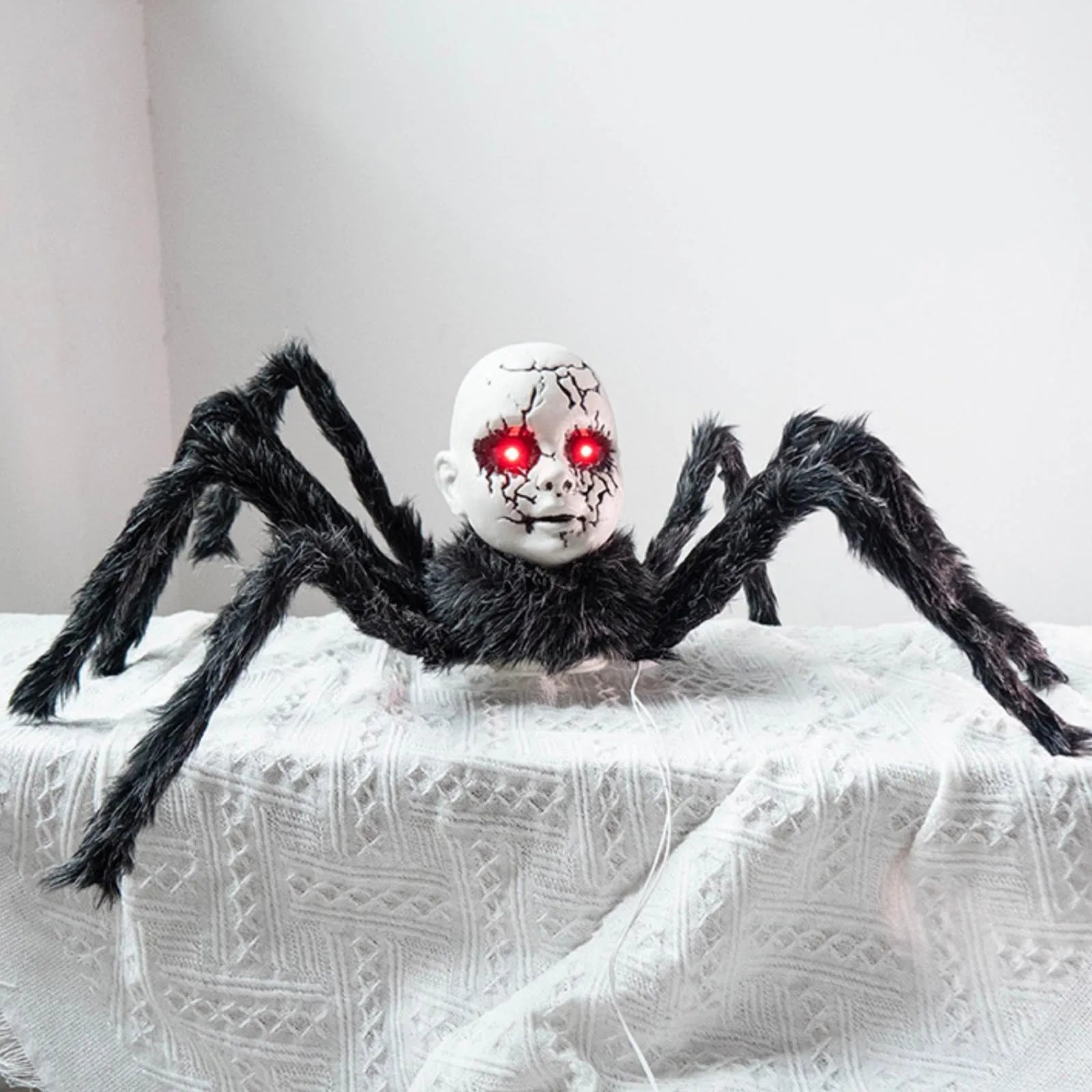 Halloween Animatronic Doll Face Spider Motion Activated Glowing Eyes Sound Control Scary Walking Toy Haunted House Prop