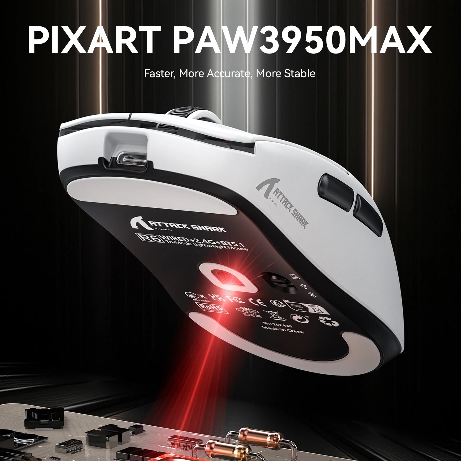 Геймърска мишка ATTACK SHARK R6 Ultralight 39g Wireless 8K, PAW3950MAX сензор, Nordic 52840, 42K DPI, 2.4G/BT/Кабелна, за PC/MAC