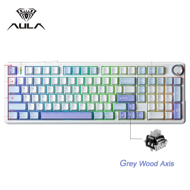 AULA F99PRO Gaming Mechanical Keyboard 99 Key Three Mode Wireless Hot Swappable Gasket Structure Custom Keyboard with Media Knob