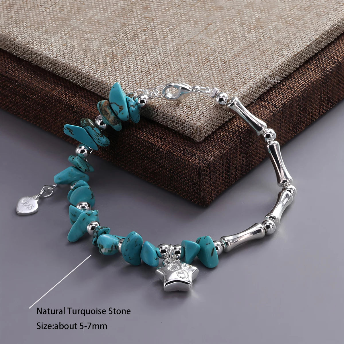 VENTFILLE 925 Sterling Silver Natural Turquoise Square Bead Bracelet For Women Gift Crushed Silver Jewelry Dropshipping