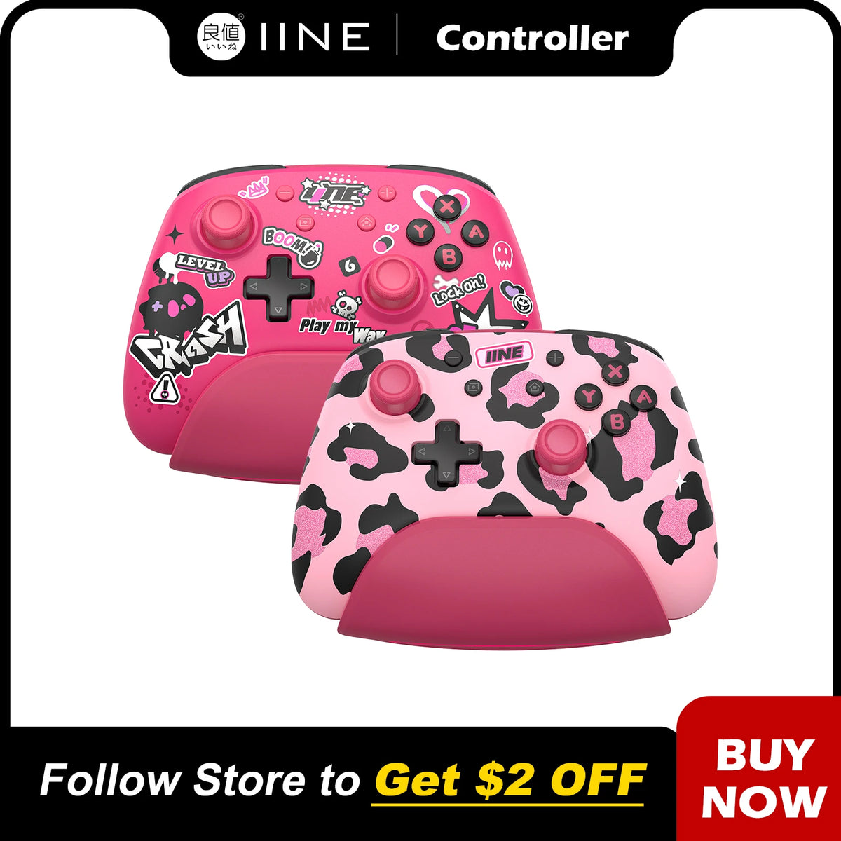Controller Brand Innee IINE Pink Wireless Controller with Charging Dock for PC/Laptop/Switch ...