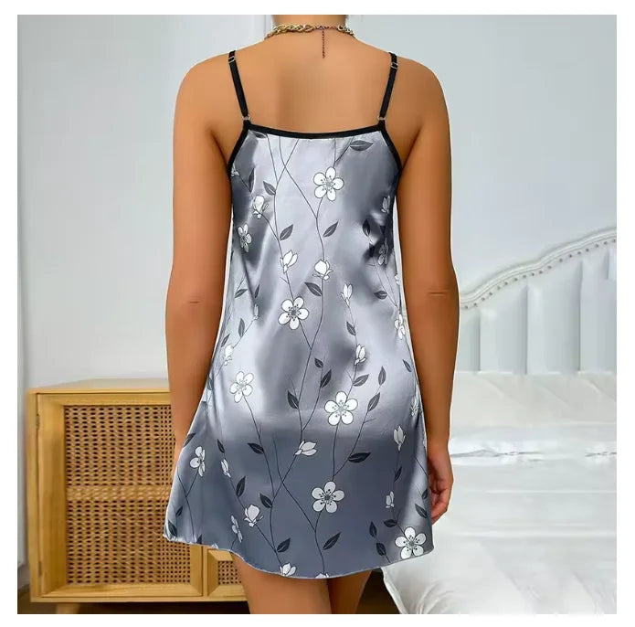 Damen Nachtwäsche Sommer Blumendruck Satin Nachthemd Lässig Ärmellos Rückenfrei Slip Nachtkleid Sexy Nachthemd Home Kleidung