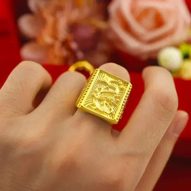 Glattes Segeln 18K Reales Gold Ring Reine 999 Herren AU750 Modische Drachen Muster Einstellbare Segen Geschenk für Freunde