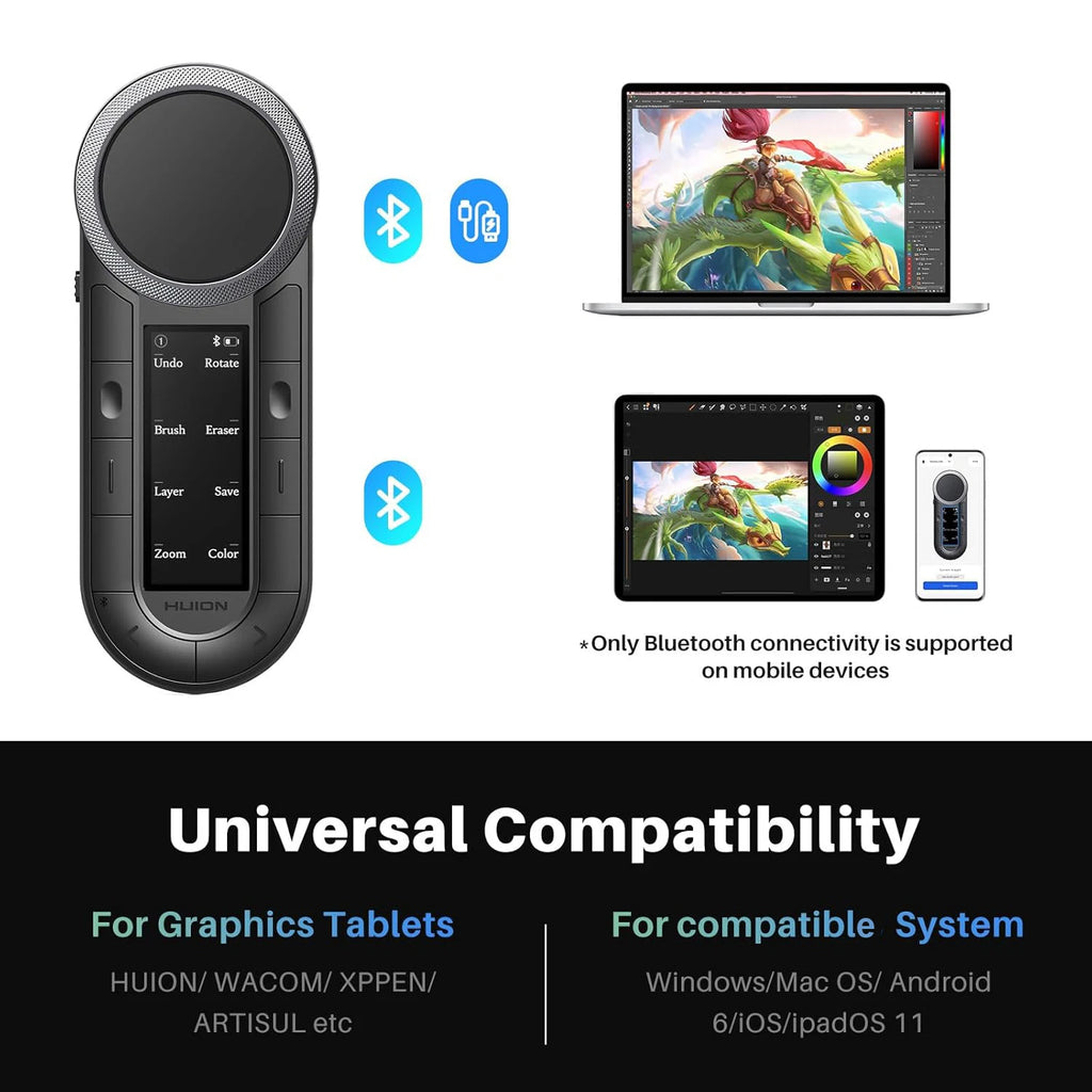 Huion Mini Keyboard Keydial Remote K40 with Dual-channel Bluetooth Wireless Dual-dial Controller 8 Programmable Keys OLED Screen