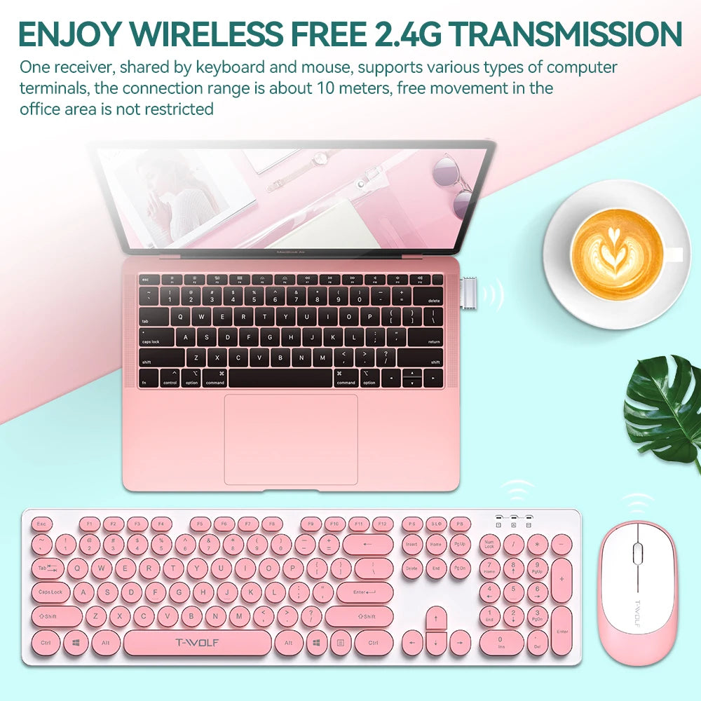 Office Mouse Keyboard Set 104 Punk Round Keys 2.4G Wireless Rechargeable Pink Computer Keyboard And Mouse Kit For Women