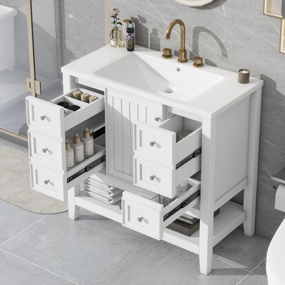36" Bathroom Vanity with Sink Combo, One Cabinet and Three Drawers, Solid Wood and MDF Board, White