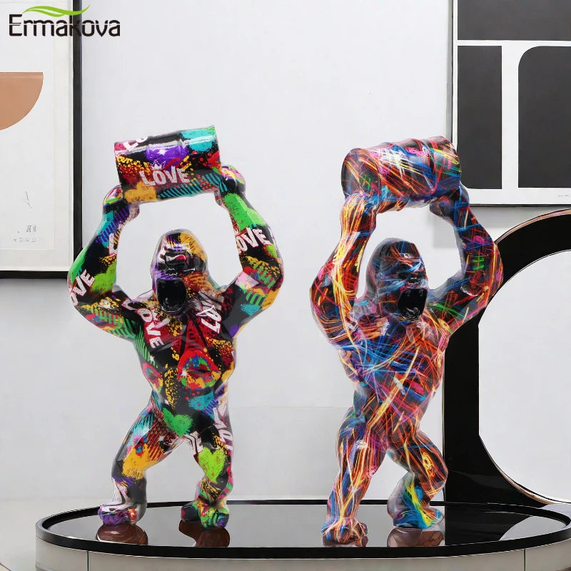 ERMAKOVA Creative Resin Sculpture Gorilla Decoration Lift The Bucket Gorilla Figure Statue Living Room Cabinet Decor