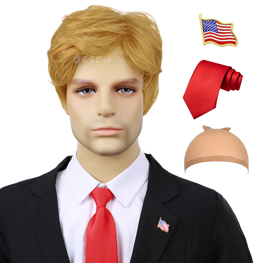 Synthetic Blonde Costume Wig for Adults With Funny Stickers Mens Layered Heat Resistant Wigs Famous People Cosplay Wigs