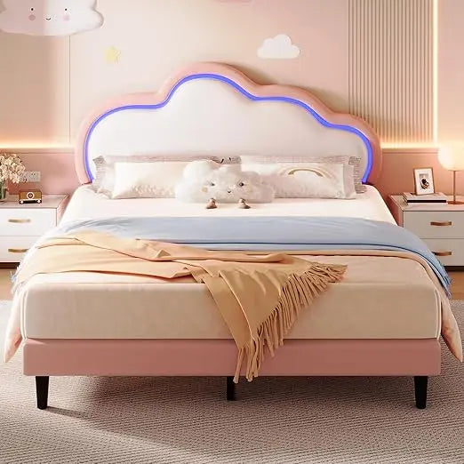 Queen Size Upholstered Bed with LED Smart Features and Adjustable Cloud Headboard, Platform Bed Frame