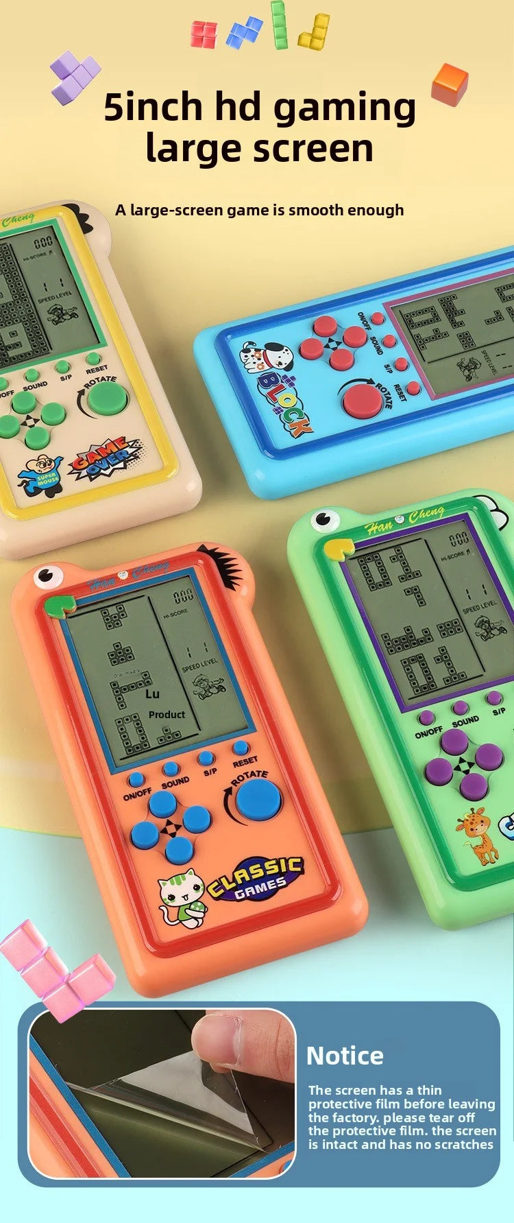 large-screen game console for tetris, retro and nostalgic toy, portable game machine for intelligence training