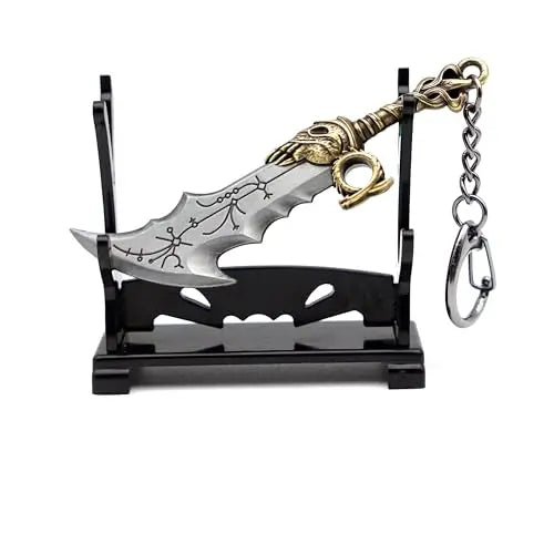 Mini Kratos Sword Key Chain Pendant For Men God of War 9cm Blades of Chaos Tiny Weapon Key Ring with Stand Accessories Keychain