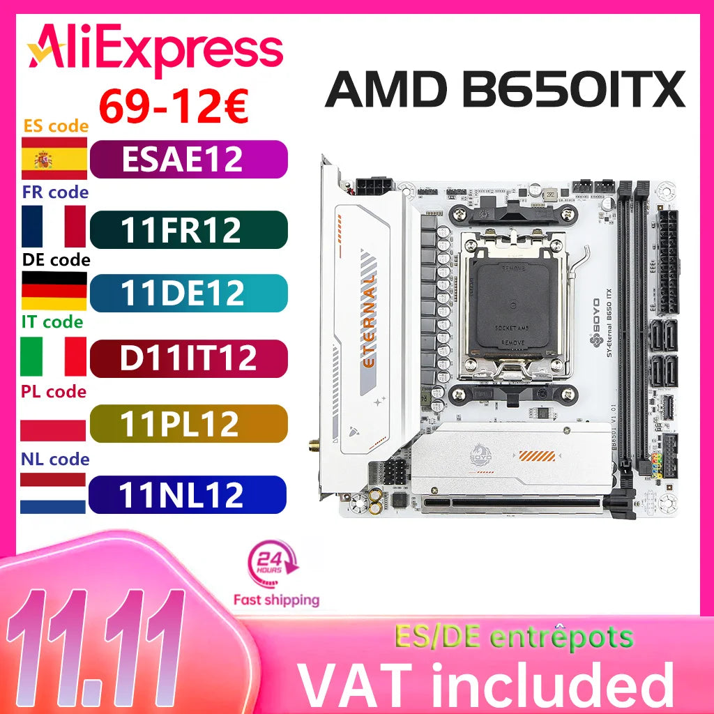SOYO B650ITX AMD Motherboard AMD Ryzen AM5 DDR5 Supports CPU 7000 8000 9000 Processors Pcie5.0x16 Pcie4.0x4 M.2 ARGB WIFI6