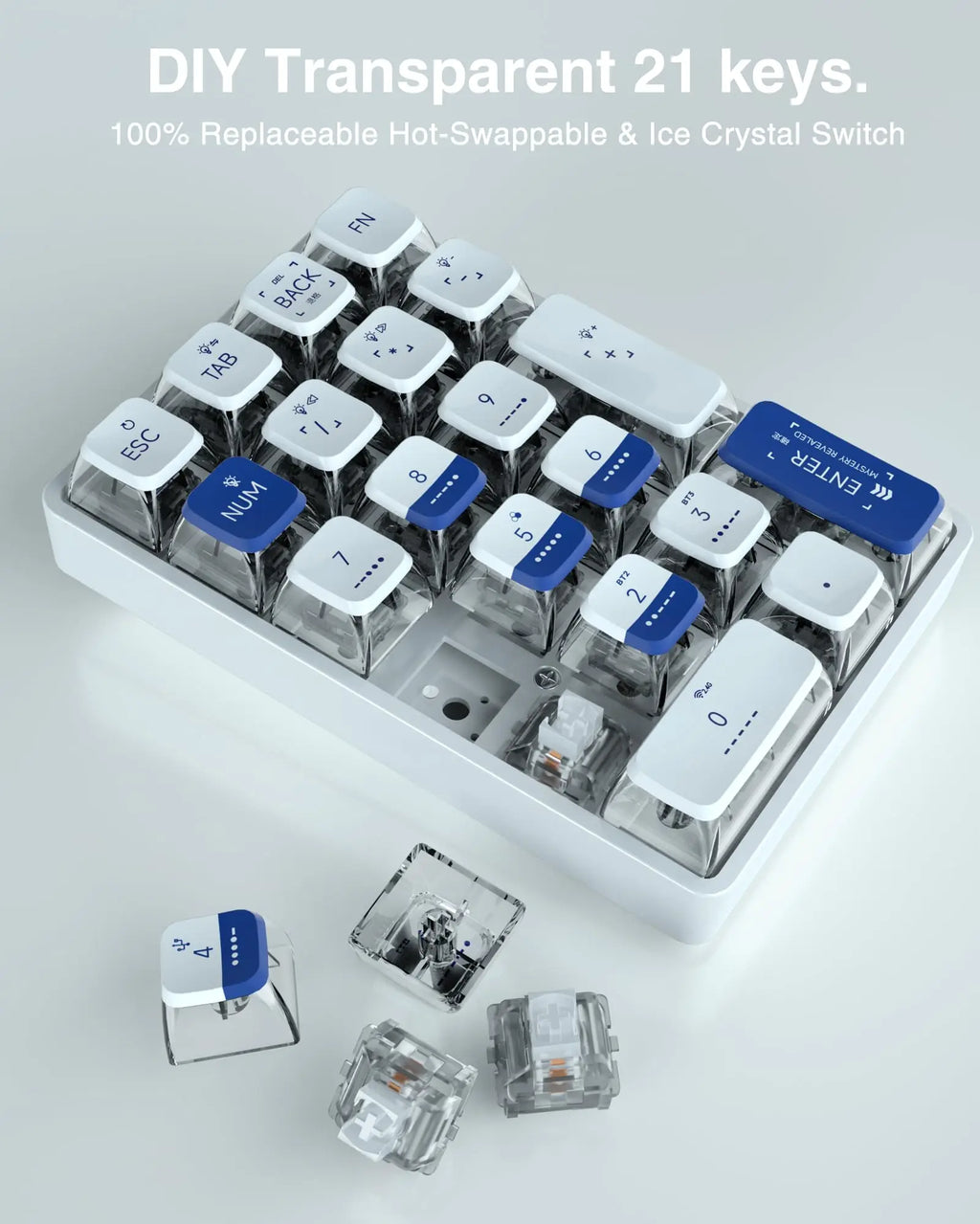 LEOBOG K21 Wireless Mechanical Numpad Keyboard 21 Key RGB 3 BT/2.4GHz/Type C Wired Hot Swappable Transparent Keycaps Keyboard