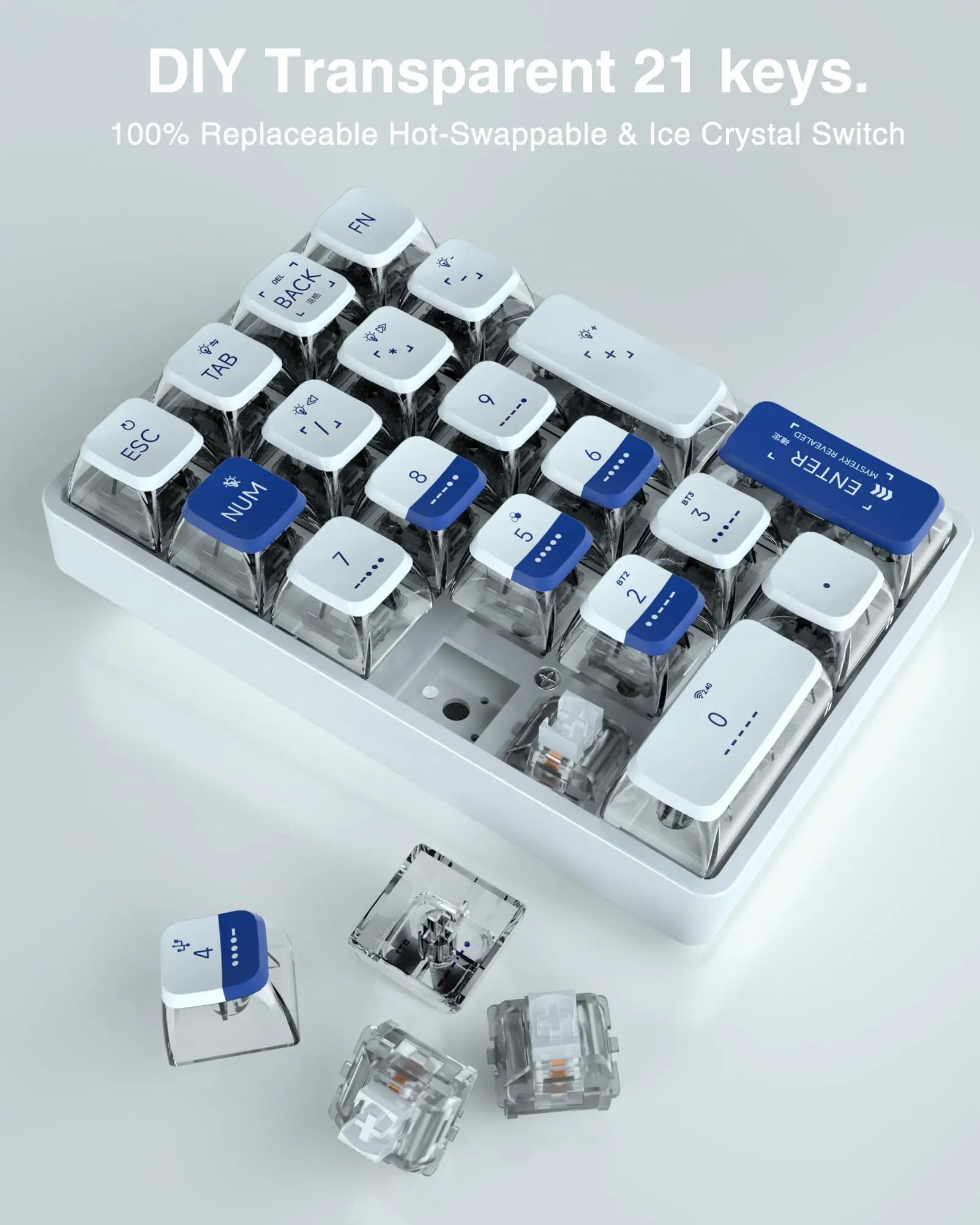 LEOBOG K21 Wireless Mechanical Numpad Keyboard 21 Key RGB 3 BT/2.4GHz/Type C Wired Hot Swappable Transparent Keycaps Keyboard