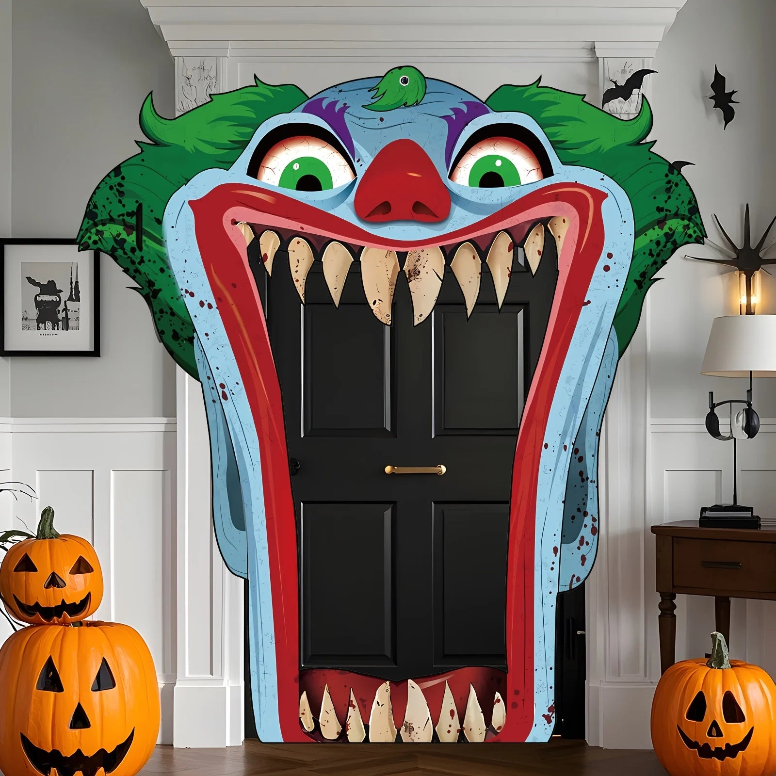 2D банер за врата, голяма декорация за врата с ужасяващ клоун за Хелоуин - кървав нож и зловеща усмивка, подходяща за партита 2026