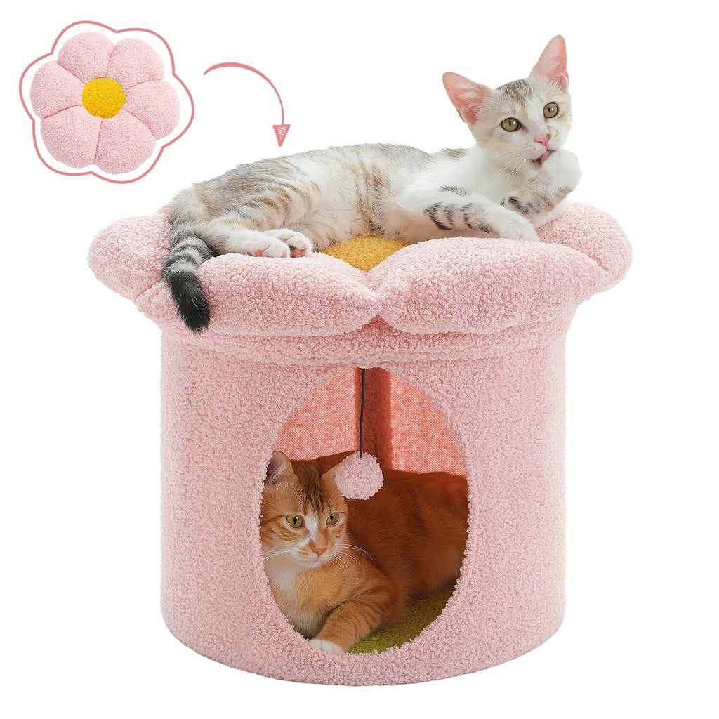 Flower Cat House with Pompom Ball, Double-Deck, Large Cat Condo, Bed with Soft Flower Perch, Spacious Cozy Condo for Multi Cats