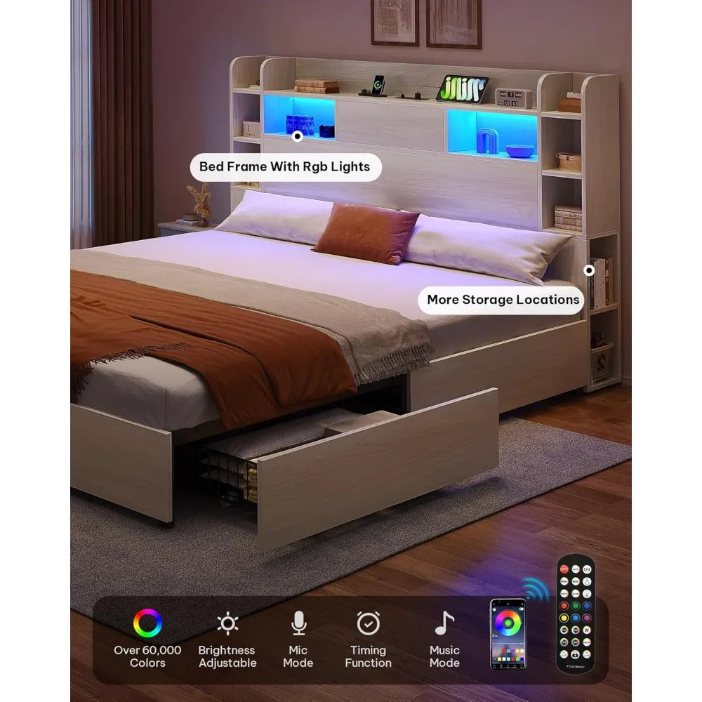 YITAHOME King Bed Frame with Bookcase Headboard and 4 Storage Drawers, RGB LED Light Bed with Type-C & USB Charging Station Stor